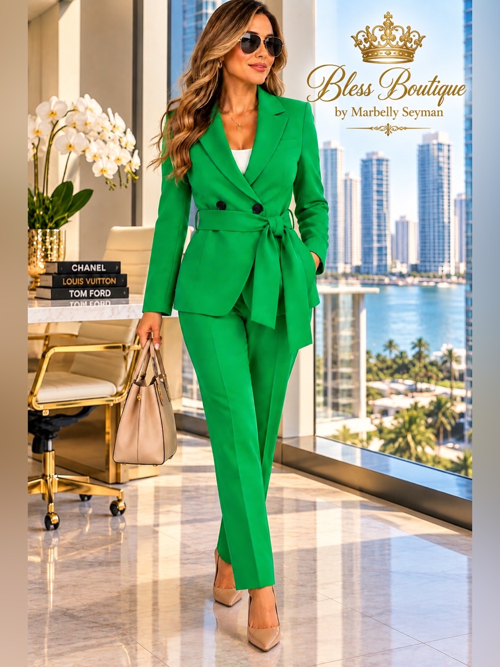 MOTF Emerald Green Belted Blazer & Tailored Pants Suit Set Size S